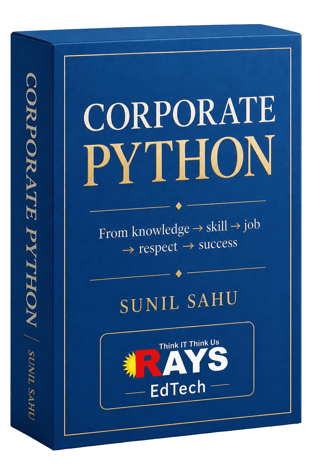 A wireframe human head made of glowing blue lines, symbolizing artificial intelligence or digital networks. Below the head are futuristic city-like blocks. The bold text Corporate Python rays technologies