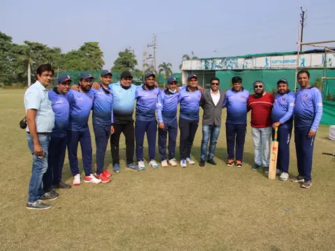 Rays EdTech cricket team posing together in matching jerseys at Satyabhan Cricket Academy