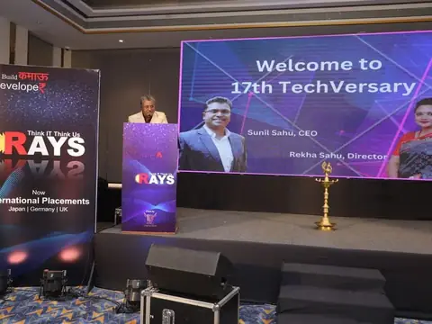 Stage welcome screen for the 17th TechVersary event naming Sunil Sahu, CEO, and Rekha Sahu, Director