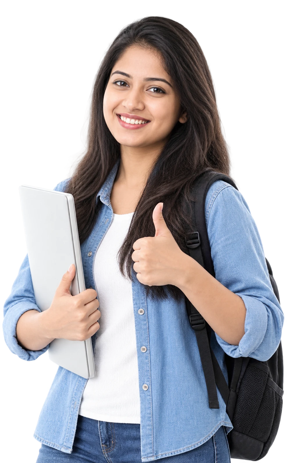Student holding a laptop and giving a thumbs up