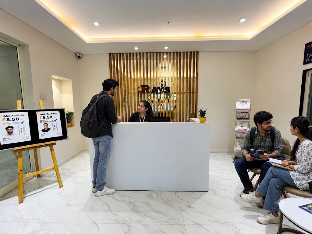 Rays EdTech reception desk with student placement congratulation posters